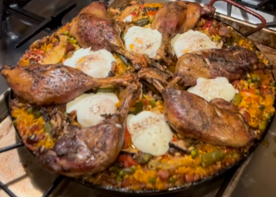 Duck Confit and Mushroom Paella with Poached Egg